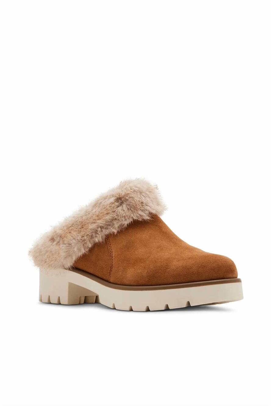 NEW BLONDO women's fur trim suede mule in tan